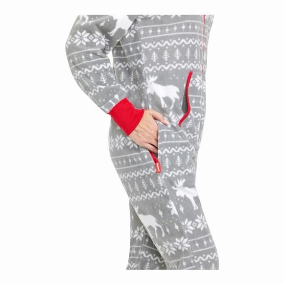 Tipsy Elves XL Fleece Hooded One Piece Pajamas Gray Moose Fair Isle Zip Up Adult - Picture 5 of 10